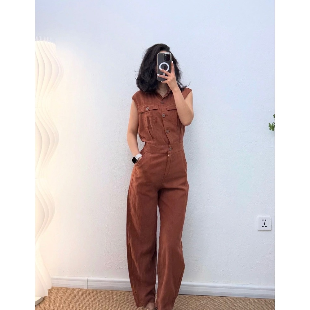 Zara Sleeveless Utility Jumpsuit M Rust Brown New Collared Button Front Pocket
